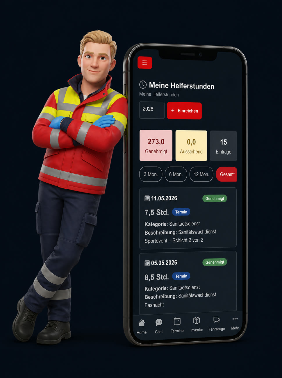 Ein Rettungssanitäter lehnt lässig an einem großen Smartphone mit der RettWorks-App